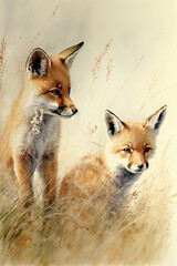 Wall Mural - young fox cubs playing in the long grass