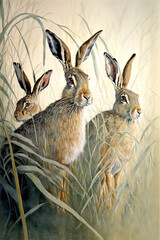 Wall Mural - Hare family in the long grass