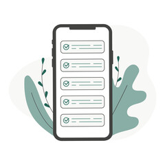 Mobile phone and checklist vector illustration, flat cartoon smartphone with list checkboxes, concept of survey, online quiz, completed things or done test, cellphone feedback