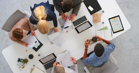 Leinwandbilder - Documents, table and diversity team planning finance review of savings, financial portfolio or digital marketing budget. Tech, collaboration top view and business people teamwork on sales strategy