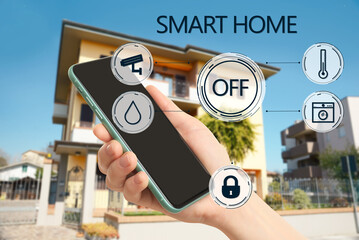 Woman using phone application for controlling smart home outdoors, closeup