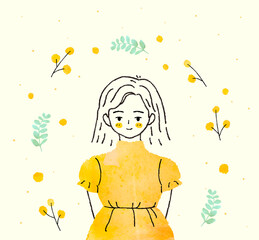 Beautiful girl in flower garden. Little girl with leaves and flowers in yellow dress. Girl inside flower frame. Use for girlish surface designs. Watercolor vector illustration in hand drawn style.