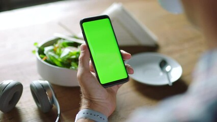 Aufkleber - Businessman, hands or green screen phone in coffee shop, restaurant or cafe on social media app or calendar management. Zoom, worker employee or mobile technology mockup of office logo on lunch break