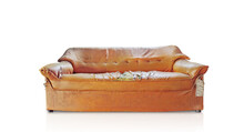 Vintage Style, Old Worn Leather Sofa On White Background.