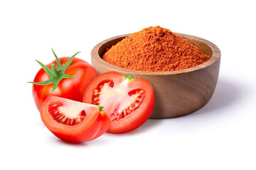 Tomato powder in wooden bowl and fresh tomatoes isolated on white background.