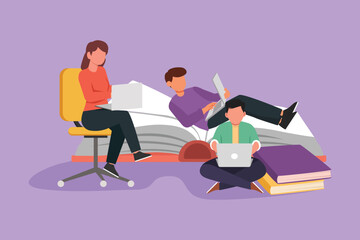 Wall Mural - Character flat drawing group of people with laptop computer at home. Man lying on big book, male sit on floor, woman sitting on chair, typing or studying together. Cartoon design vector illustration