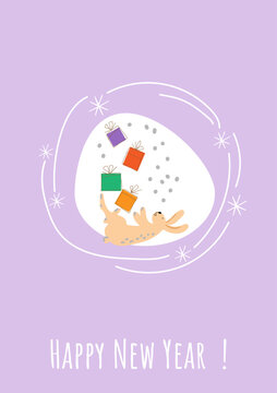 New Year and Christmas 2023 celebration concept with bunny in flat style. Christmas cards with cute rabbits.