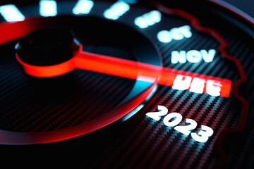 Wall Mural - 3D illustration Close up Instrument automobile panel with speedometer, tachometer, which says Merry Christmas 2022, 2023. The concept of the new year and Christmas in the automotive field.