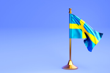 Sticker - Realistic national flag of  Sweden. on steel pole on blue isolated background.  Blank table flag , suitable for design, mockup. 3D illustration.