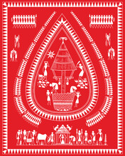 Indian Village Life Style In Warli Painting. Rural Work Process Showing In Warli Art, Drawing, Illustration.