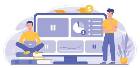Fototapete - Business training concept. Men evaluate graphs and diagrams, analysis and work with information, statistics and infographics. Workflow, partnership and teamwork. Cartoon flat vector illustration