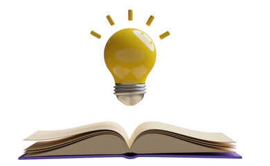 Wall Mural - yellow light bulb with open book isolated. idea tip education, knowledge creates ideas concept, minimal abstract, 3d illustration or 3d render