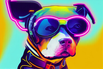 cyberpunk Pitbull dog with sunglasses, dressed in neon color clothes