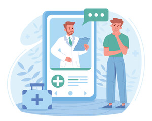 Poster - consultation with doctor. man stands near smartphone with specialist, propping his head with his han