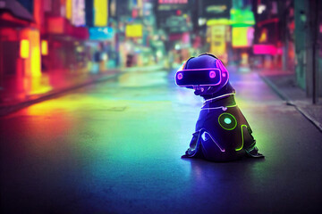 Poster - cyberpunk virtual reality dog , dressed in neon color clothes