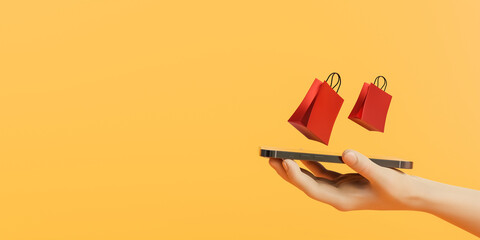 Poster - 3D Online shopping and delivery concept. Smartphone and shopping red shopping bag on Hand  .yellow background.