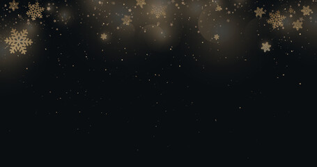 Poster - Gold snowflakes and stars fall on dark background. Luxury background. Vector illustration