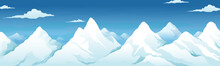 Snow Alps Mountains. Winter Landscape. Alpine Rocks And Blue Sky. Christmas Nature Scenic Panorama. Icy Summits Scenery Background. Snowy Peaks With Glaciers. Vector Cartoon Illustration