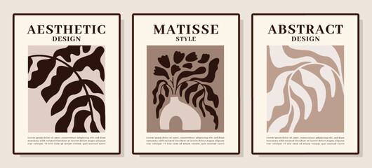 Aufkleber - Matisse art, botanical hipster posters collection. Retro artwork composition, flora leaf, line paint, vintage artwork. beige colors, simple shapes. Vector illustration vertical banners