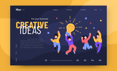 Fototapete - People team celebrate. Business landing. Creative idea. Excited men and women jumping with light bulb. Advertisement for money. Office work. Website template. Vector flat illustration