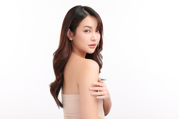 Wall Mural - Beautiful young asian woman with clean fresh skin on white background, Face care, Facial treatment, Cosmetology, beauty and spa, Asian women portrait.