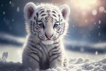 Cute Tiger Cub Playing In Snow Winter, Generative Ai