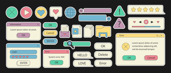 Fototapete - Set of retro stickers. 90s retro vaporwave old desktop user interface elements. Cute nostalgic computer ui, vintage aesthetic icons and windows vector set. stock stylish graphics. Dialog window.