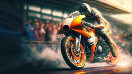 Canvas Print - Illustration of a biker riding a motorcycle during the race with dynamic lights