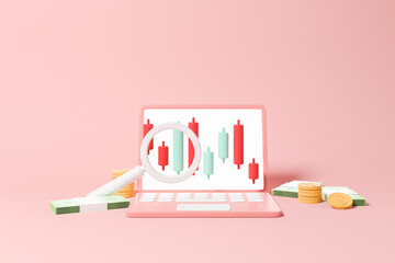 Poster - Laptop blank display and stock market candlesticks dynamics and money