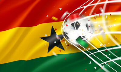 Poster - The ball in the soccer net. Goal vector concept with flag of Ghana. 3d vector banner with blur effect