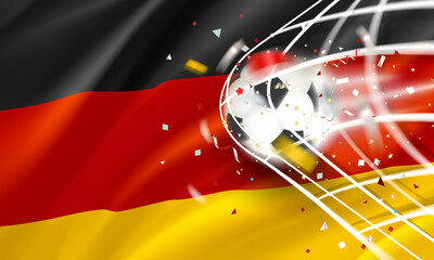 Poster - The ball in the soccer net. Goal vector concept with flag of Germany. 3d vector banner with blur effect
