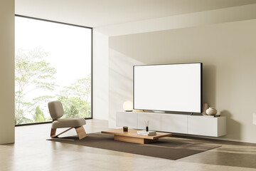 Stylish chill room interior with tv on dresser, armchair and mockup screen