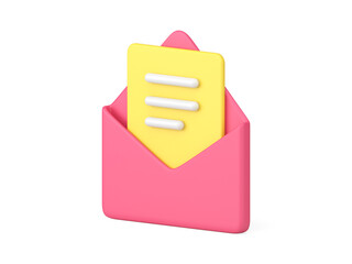 Poster - Message in pink 3d envelope. Volumetric sheet of paper with blue text