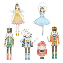Watercolor Nutcracker Christmas Soldiers And Fairy Ballerina Toys