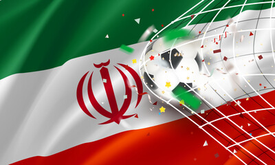 Poster - The ball in the soccer net. Goal vector concept with flag of Iran. 3d vector banner with blur effect