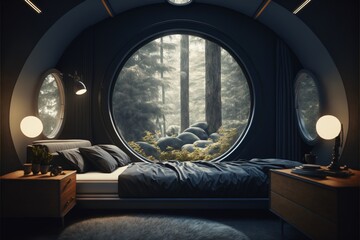 interior of a futuristic black bedroom, curved, modern, clean, environmentally friendly, tree inside the room, eco, minimal,fictional interior made with generative ai