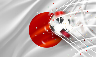 Wall Mural - The ball in the soccer net. Goal vector concept with flag of Japan. 3d vector banner with blur effect