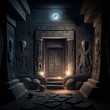 Throne of the Pharaoh. Black room interior in ancient Egyptian style, gold decor, fantasy interior. Ancient Egypt, black interior, gold, night lights, shadows.