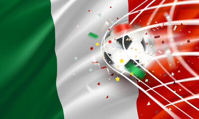 Wall Mural - The ball in the soccer net. Goal vector concept with flag of Mexico. 3d vector banner with blur effect