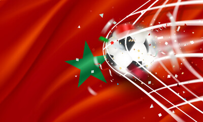 Poster - The ball in the soccer net. Goal vector concept with flag of Morocco. 3d vector banner with blur effect