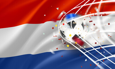 Poster - The ball in the soccer net. Goal vector concept with flag of Netherlands. 3d vector banner with blur effect