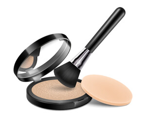 face compact makeup powder with brush applicator and sponge. realistic cosmetic glow baked powder in