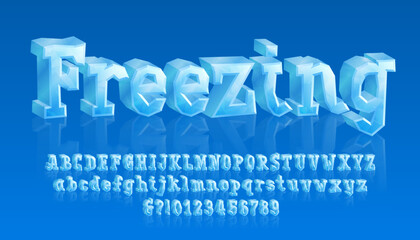 Poster - Freezing alphabet font. 3D cartoon ice letters and numbers with reflections. Uppercase and lowercase. Stock vector typescript for your typography design.