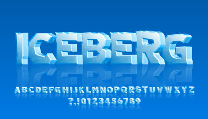 Poster - Iceberg alphabet font. 3D cartoon ice letters and numbers with reflections. Stock vector typescript for your typography design.
