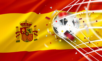 Wall Mural - The ball in the soccer net. Goal vector concept with flag of Spain. 3d vector banner with blur effect