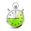 © 32 pixels - Realistic classic stopwatch icon. Shiny metal chronometer, time counter with dial. Green countdown timer showing minutes and seconds. Time measurement for sport, start and finish. Vector illustration
