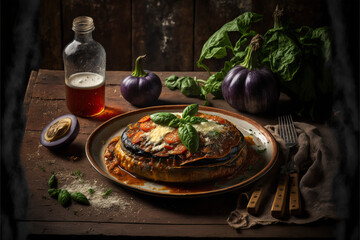 delicious homemade melanzane alla parmigiana eggplant dish in a rustic italian kitchen