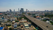 View Of Highway Moving Forward Road With Bangkok Cityscape Scene