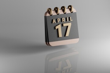 Poster - Standing black and golden month lined desk calendar with date April 17. Modern design with golden elements, 3d rendering illustration. White ceramic reflection background...
