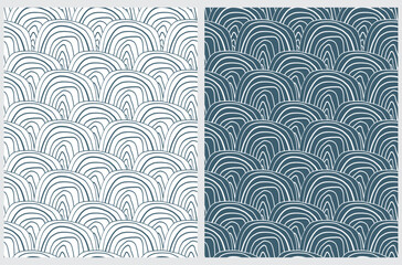  Hand Drawn Geometric Seamless Vector Pattern Set. Irregular Brush Arcs on a White and Dark Pale Blue Background. Cute Simple Abstract Doodle Repeatable Print ideal for Fabric, Textile, Wrapping Paper.